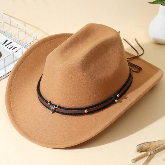 Light Brown Western Cowboy Hat Cowboy Cowgirl Rodeo Style with Bull Skull Accent - Picture 5 of 9